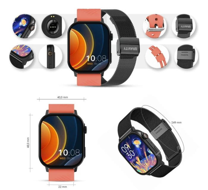 Chytré hodinky Gravity GT15-3 Červený silikonový řemínek + černý náramek