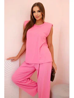 Dámský komplet z viskózy bez rukávů a rovnými kalhotami růžový
