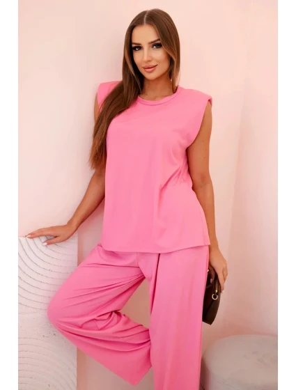Dámský komplet z viskózy bez rukávů a rovnými kalhotami růžový Dámský komplet z viskózy bez rukávů a rovnými kalhotami růžový