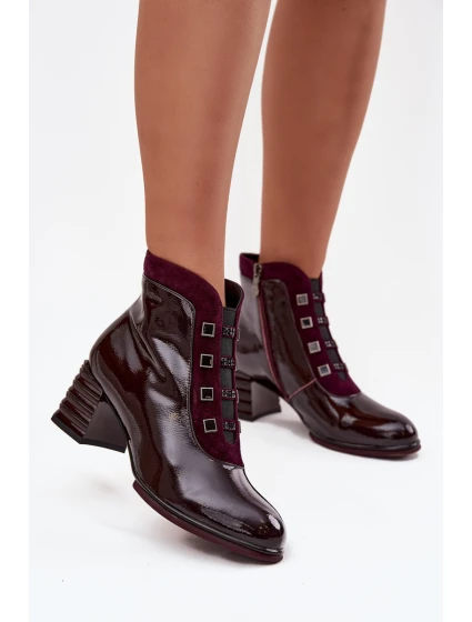 Lakované dámské kotníky z pravé kůže na podpatku D&A CR52-696 bordó