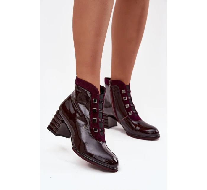 Lakované dámské kotníky z pravé kůže na podpatku D&A CR52-696 bordó