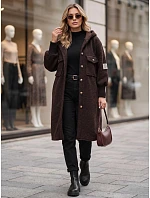 Dámský dlouhý kabát z ovčí kůže s kapucí, čokoládově hnědý, FashionStreet NY0797 Dámský dlouhý kabát z ovčí kůže s kapucí, čokoládově hnědý, FashionStreet NY0797