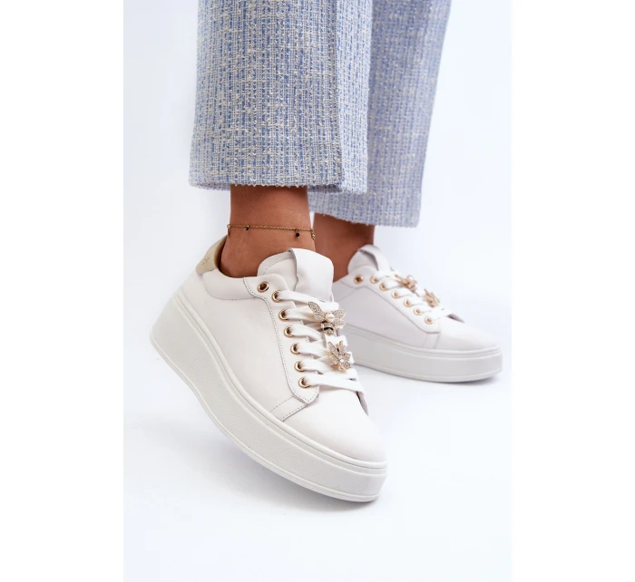 Dámské kožené tenisky na platformě s ozdobnými knoflíčky D&A SN67 Bílé
