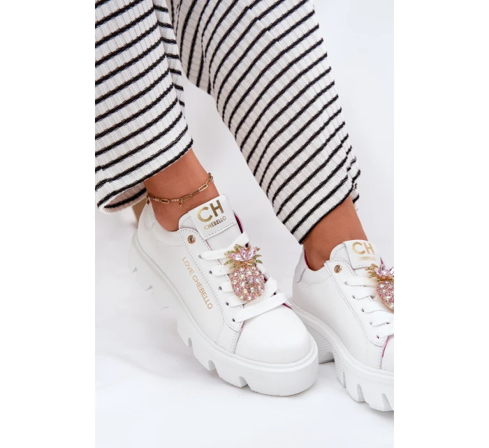 Kožené tenisky s ozdobnou broží ananas CheBello 4651 bílé
