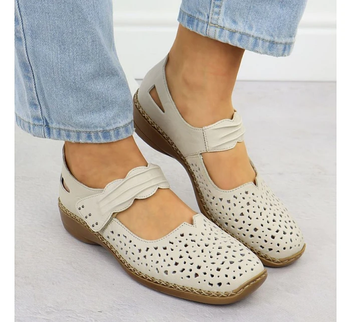 Dámská kožená prolamovaná obuv na suchý zip béžové barvy Rieker 41399-14