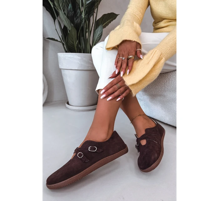 Kožené semišové dámské polobotky s pásky Zazoo N1271 čokoládové