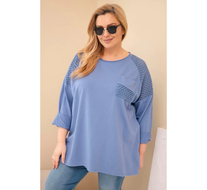 Dámská mikina Plus Size bavlněná s potiskem džínová modrá