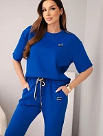 Dámská viskózová souprava s krátkým rukávem a kalhotami s ohrnovací nohavicí chabrový