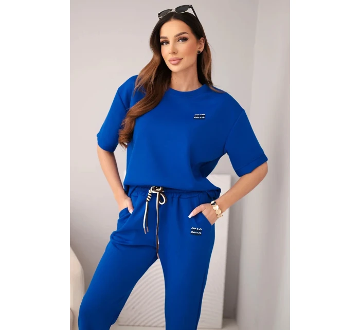 Dámská viskózová souprava s krátkým rukávem a kalhotami s ohrnovací nohavicí chabrový