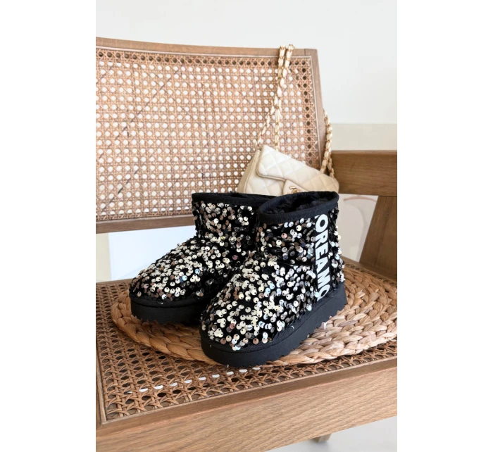 Dětské sněhule boty zateplené s flitry Černo-stříbrné ERebbica