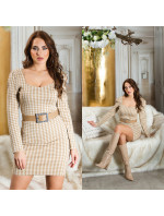 Sexy Knit Dress with houndstooth pattern & belt