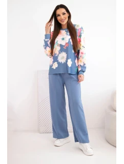 Dámský máslový viskózový komplet s květinovým vzorem a širokými nohavicemi jeansový