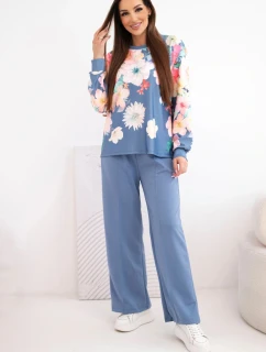 Dámský máslový viskózový komplet s květinovým vzorem a širokými nohavicemi jeansový