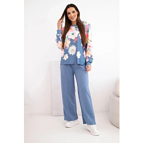 Dámský máslový viskózový komplet s květinovým vzorem a širokými nohavicemi model 22014235 - K-Fashion
