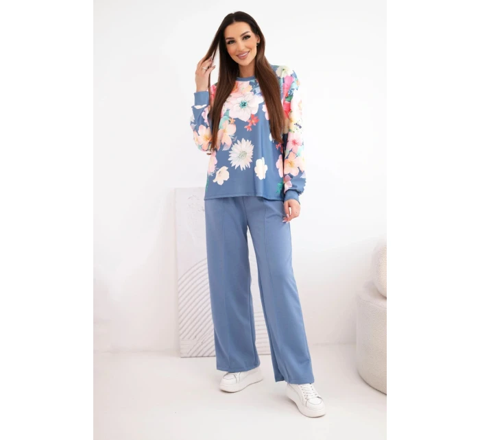 Dámský máslový viskózový komplet s květinovým vzorem a širokými nohavicemi jeansový
