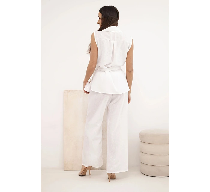 Dámský komplet s vázanou halenkou a širokými kalhotami ecru