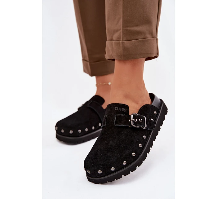 Zamsové pantofle na platformě s cvoky a sponou Big Star TT274951 Černé