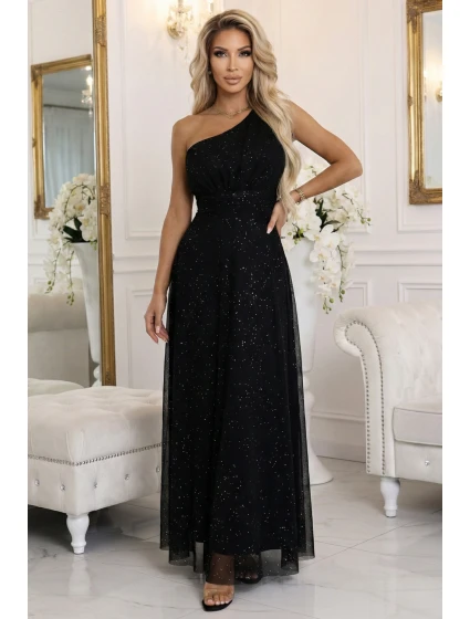model 21941593 Dlouhé třpytivé večerní šaty na jedno rameno klasické černé - numoco basic