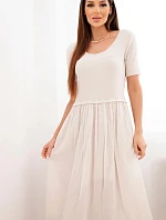 Dámské bavlněné midi šaty s krátkým rukávem a rozšířeným spodkem béžová