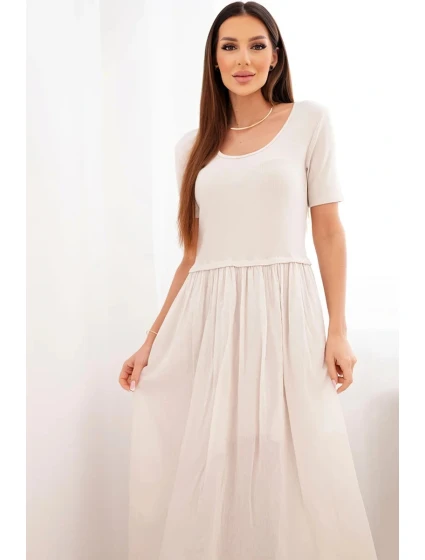 Dámské bavlněné midi šaty s krátkým rukávem a rozšířeným spodkem béžová