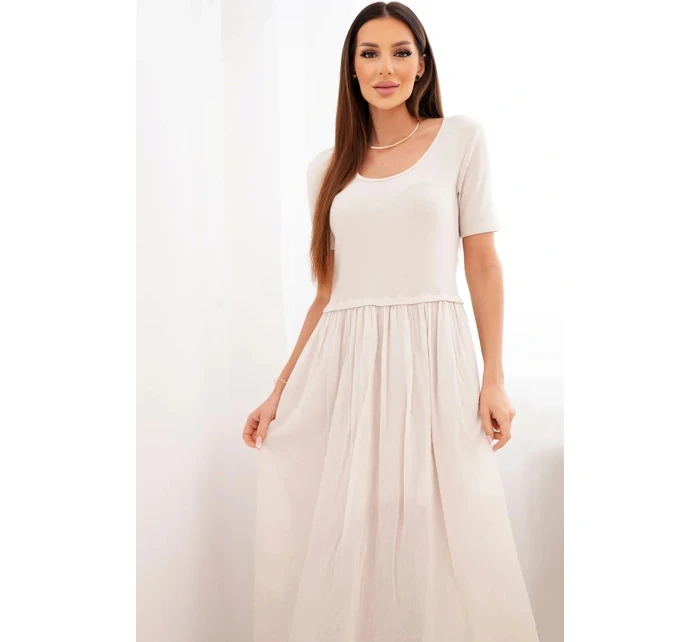 Dámské bavlněné midi šaty s krátkým rukávem a rozšířeným spodkem béžová