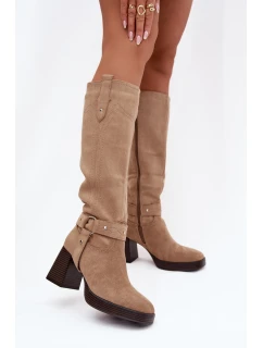 Zateplené dámské kozačky na podpatku s prošitím béžové Alessara