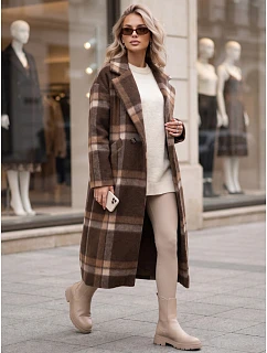 Dámský kabát dvouřadý s příměsí vlny kostkované hnědá FashionStreet NY0825
