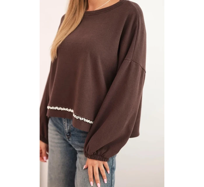 Dámská mikina s ozdobným model 21336088 dole hnědá - K-Fashion