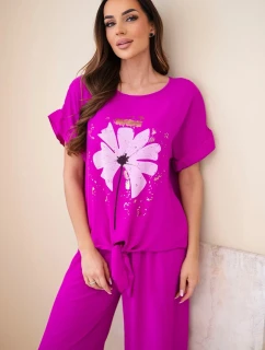 Dámský viskózový komplet s halenkou s potiskem a kalhotami tmavě fialová