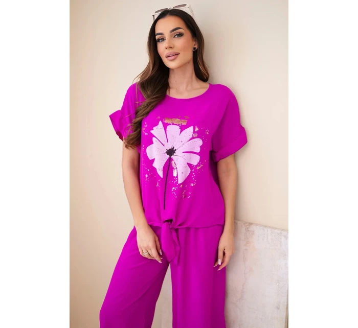 Dámský viskózový komplet s halenkou s potiskem a kalhotami tmavě fialová