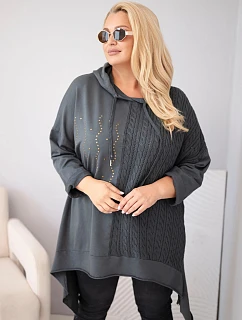 Dámská bavlněná mikina Plus Size s kapucí a pleteným prvkem grafitová