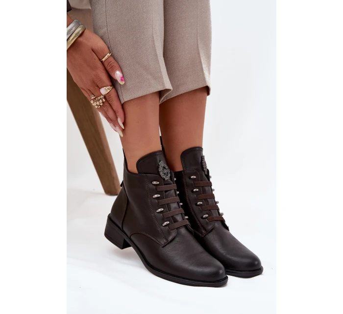 Dámské nízké zateplené kotníkové botky na zip s ozdobou – hnědé Nevalia