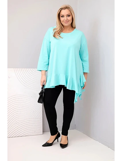 Dámská blůza Plus Size s bavlnou a volánem a ohrnovacími rukávy mátová Dámská blůza Plus Size s bavlnou a volánem a ohrnovacími rukávy mátová