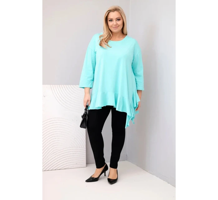 Dámská blůza Plus Size s bavlnou a volánem a ohrnovacími rukávy mátová