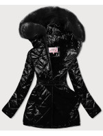Černá lesklá zimní bunda s mechovitým kožíškem a s černou kožešinou (W756)