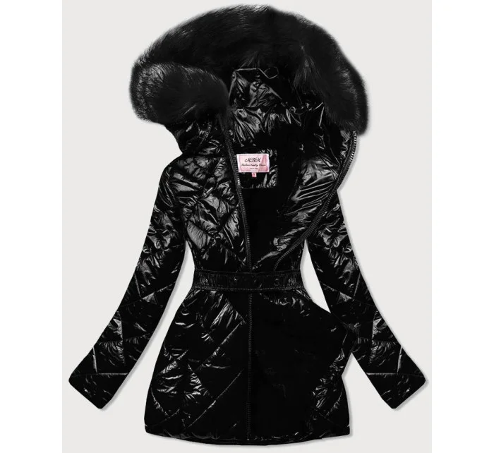 Černá lesklá zimní bunda s černou mechovitou kožešinovou podšívkou a černou kožešinou u kapuce (w756)