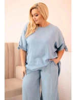 Dámská souprava Plus Size z tencelu, halenka s vázáním a široké kalhoty světlý džínový Dámská souprava Plus Size z tencelu, halenka s vázáním a široké kalhoty světlý džínový