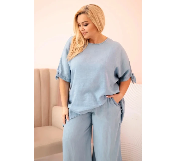 Dámská souprava Plus Size z tencelu, halenka s vázáním a široké kalhoty světlý džínový Dámská souprava Plus Size z tencelu, halenka s vázáním a široké kalhoty světlý džínový