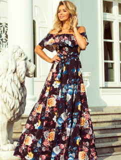Dlouhé dámské černé šaty s barevnými květy a výstřihem model 7118058 - numoco