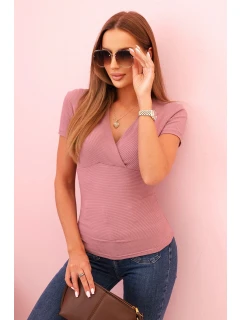 Dámská pruhovaná bavlněná blůza s překládaným výstřihem tmavě růžová