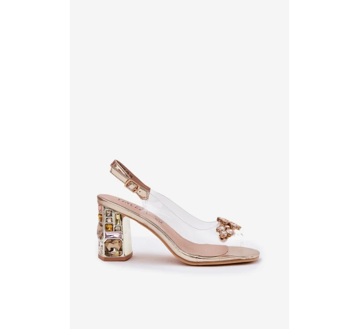 Průhledné sandály na podpatku s krystaly Vinceza 70110 zlaté