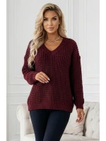 661-1 Teplý svetr oversize s fleecovou vazbou a výstřihem do V - vínový