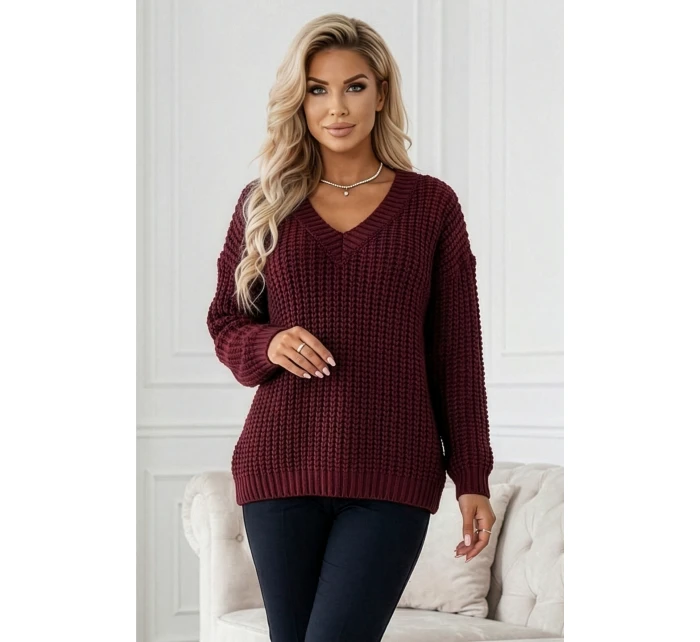 661-1 Teplý svetr oversize s fleecovou vazbou a výstřihem do V - vínový