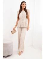 Dámský viskózový komplet s halenkou a širokými kalhotami béžový model 22025290 - K-Fashion Dámský viskózový komplet s halenkou a širokými kalhotami béžový model 22025290 - K-Fashion