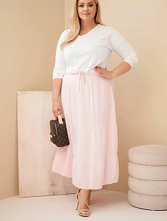 Dámská sukně Plus Size bavlněná mušelínová s volánem a gumou bonbónově růžová