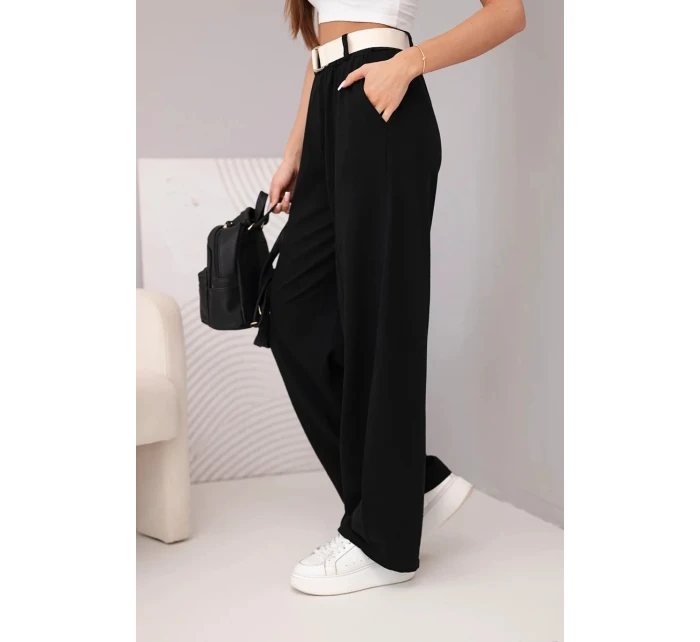 Dámské bavlněné kalhoty se širokými nohavicemi a páskem černé Dámské bavlněné kalhoty se širokými nohavicemi a páskem černé