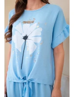 Dámský viskózový komplet s halenkou s potiskem a kalhotami modrý