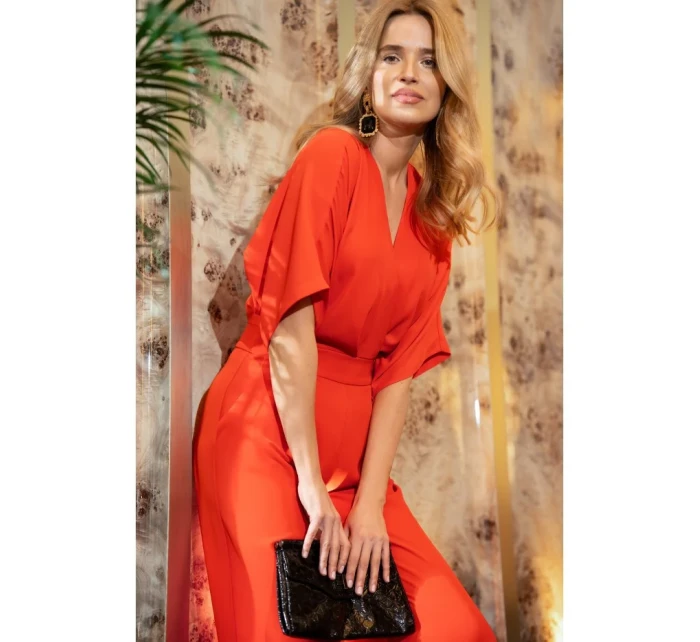 Kombinéza se širokými nohavicemi a výstřihem korálová model 20966139 - STYLOVE Kombinéza se širokými nohavicemi a výstřihem korálová model 20966139 - STYLOVE