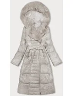 Péřový kabát z eko kůže v barvě ecru s kožešinou Ann Gissy (AG9-9003)