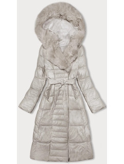 Péřový kabát z ekokůže v ecru barvě s kožešinou Ann Gissy (AG9-9003)